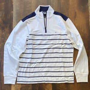 Brooks Brothers White and Navy Striped Quarter-Zip Pullover